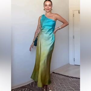 Zara Teal to Olive Satin Maxi Slip Dress